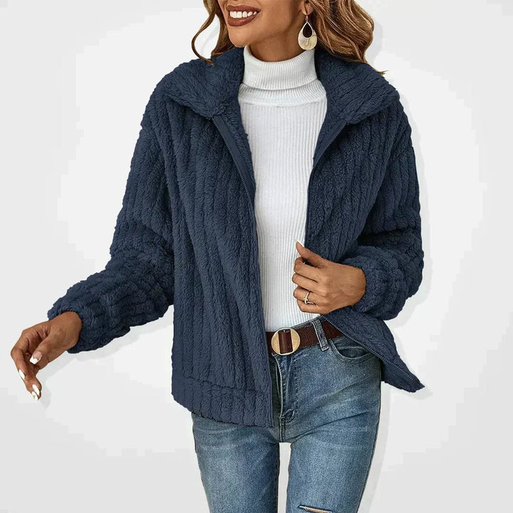 Dame Fluffy Cardigan med Lynlås Blødt Fleece Overtøj - Marineblå
