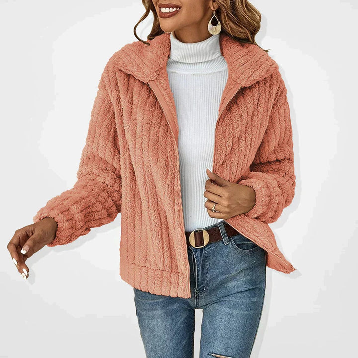 Dame Fluffy Cardigan med Lynlås Blødt Fleece Overtøj - Lyserød