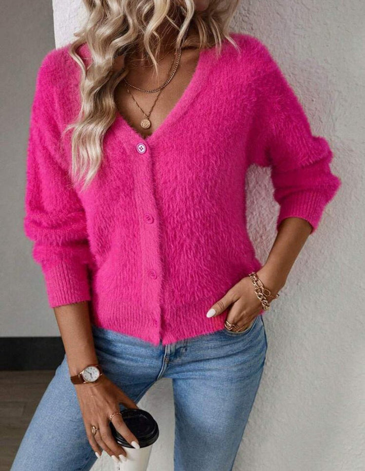 Dame Fluffy V-hals Cardigan Knaplukning Blød Strik - Magenta