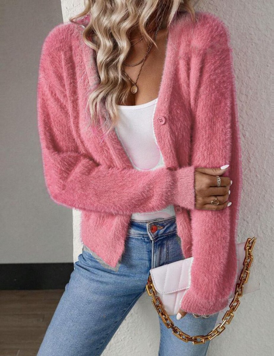 Dame Fluffy V-hals Cardigan Knaplukning Blød Strik - Rosa