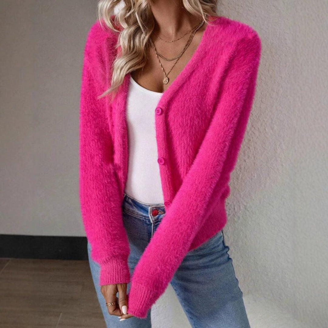 Dame Fluffy V-hals Cardigan Knaplukning Blød Strik