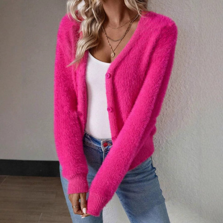 Dame Fluffy V-hals Cardigan Knaplukning Blød Strik
