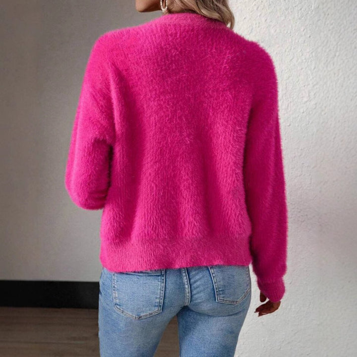 Dame Fluffy V-hals Cardigan Knaplukning Blød Strik