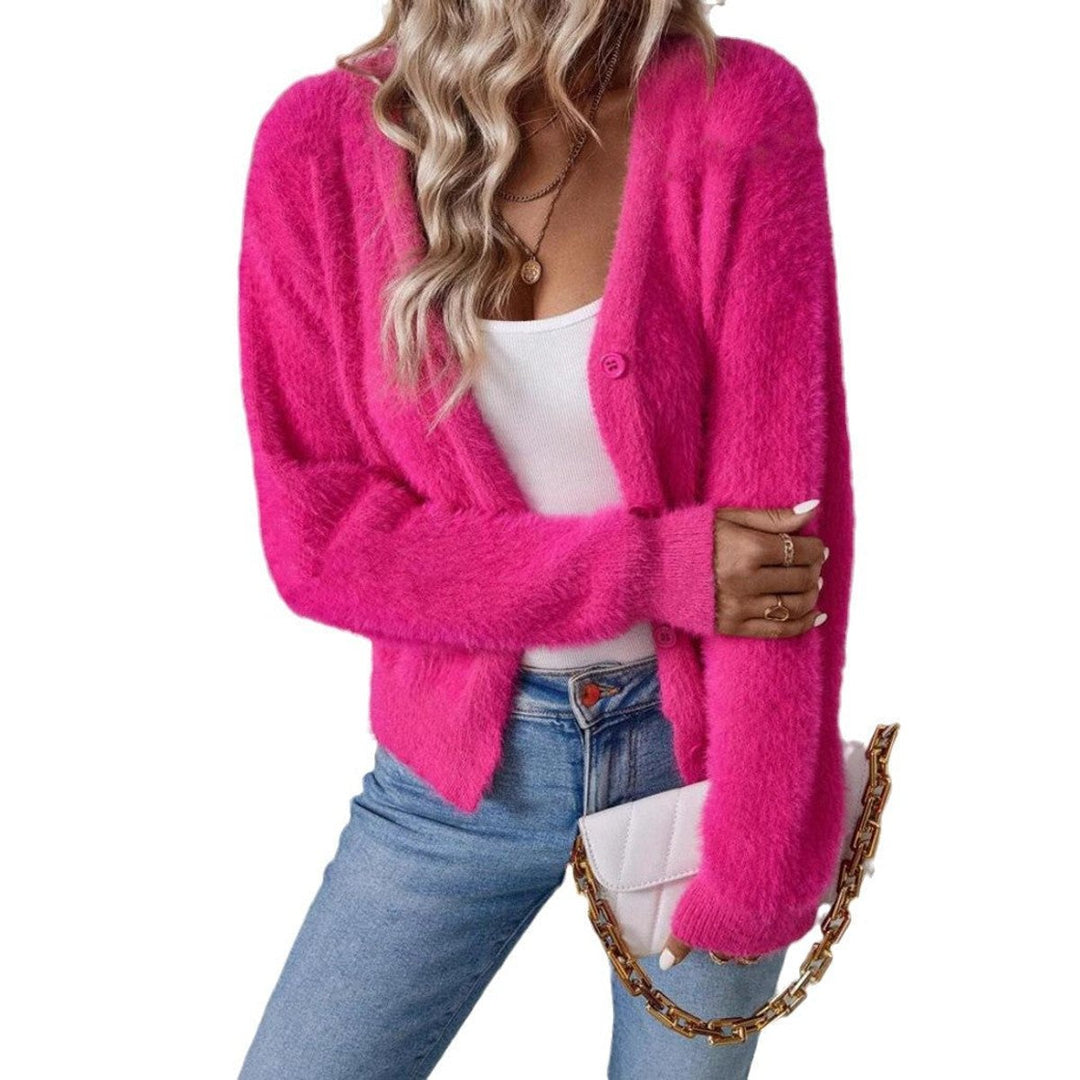 Dame Fluffy V-hals Cardigan Knaplukning Blød Strik
