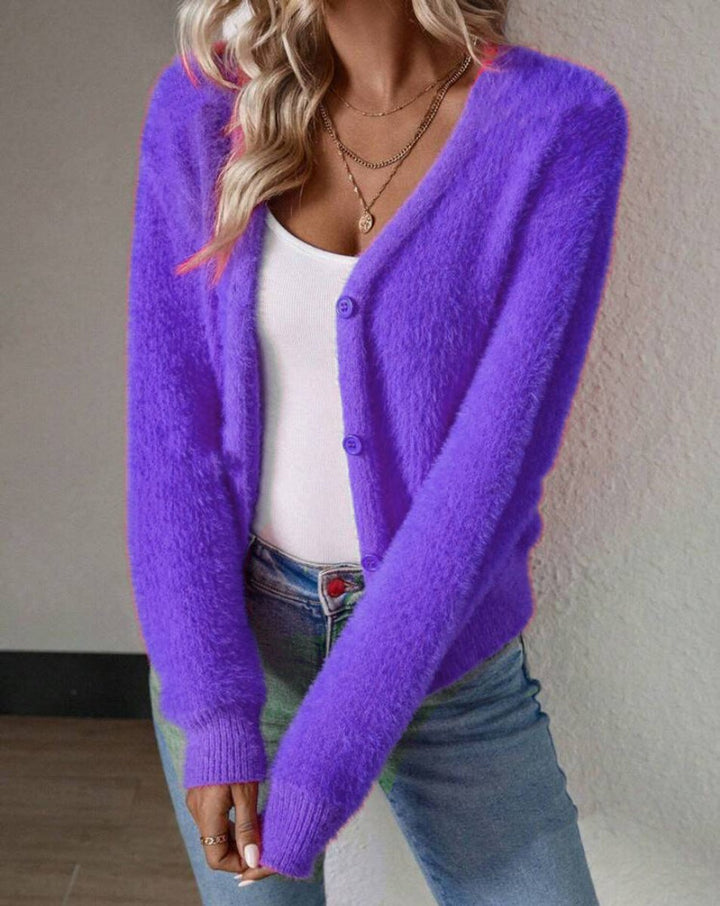Dame Fluffy V-hals Cardigan Knaplukning Blød Strik - Lilla