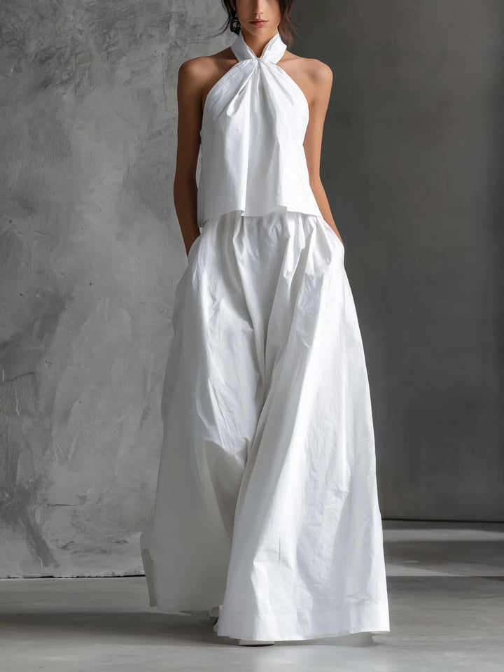 Dame Halterkjole Linen Sæt Maxi Nederdel - White