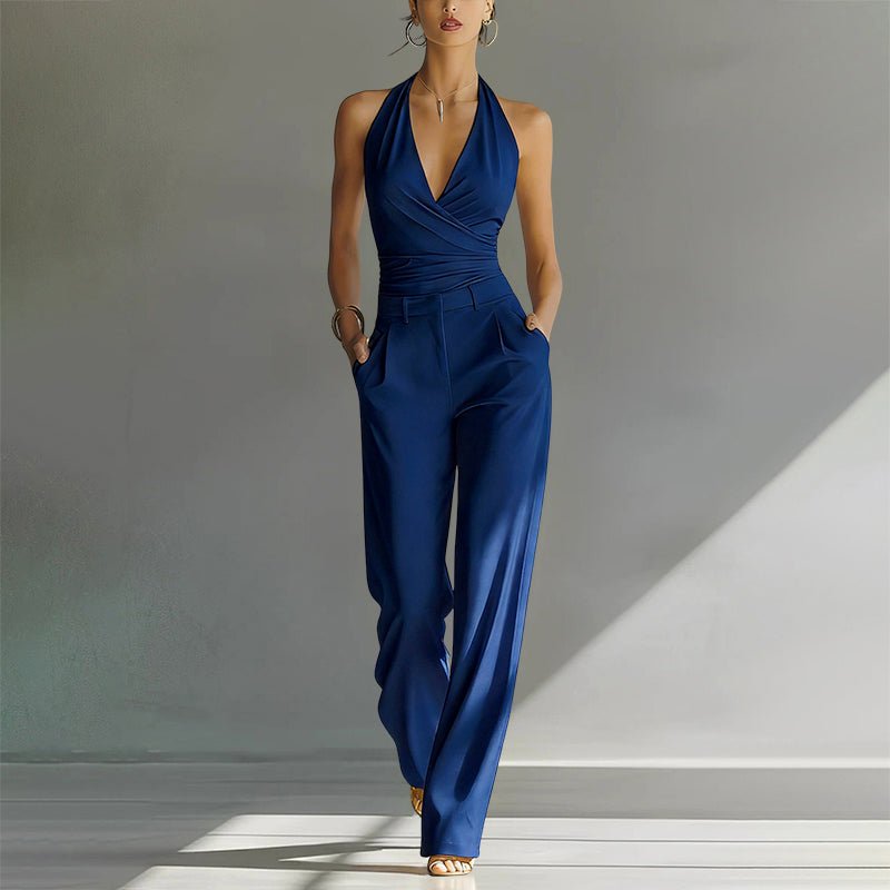 Dame Halterneck Højtaljede Wide-Leg Jumpsuit - Blue