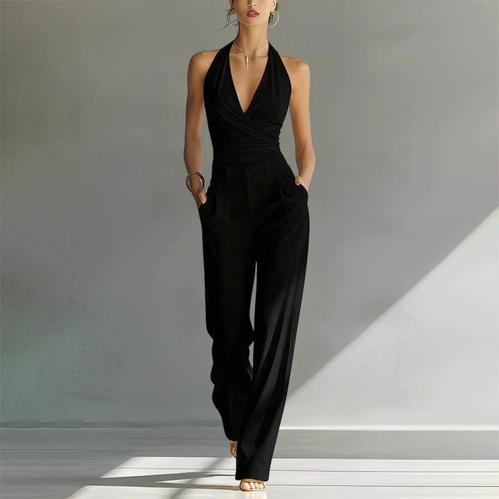 Dame Halterneck Højtaljede Wide-Leg Jumpsuit - Black