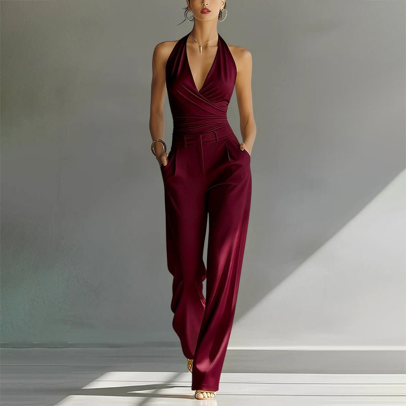 Dame Halterneck Højtaljede Wide-Leg Jumpsuit - Red