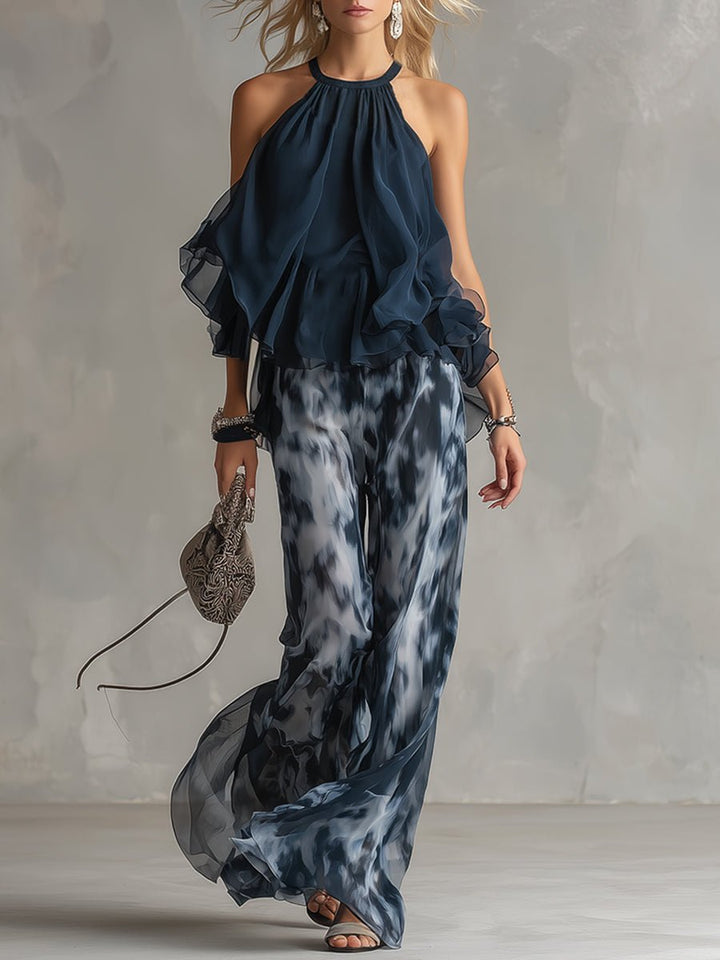 Dame Halterneck Wide-leg To-delt Sæt - Navy Blue