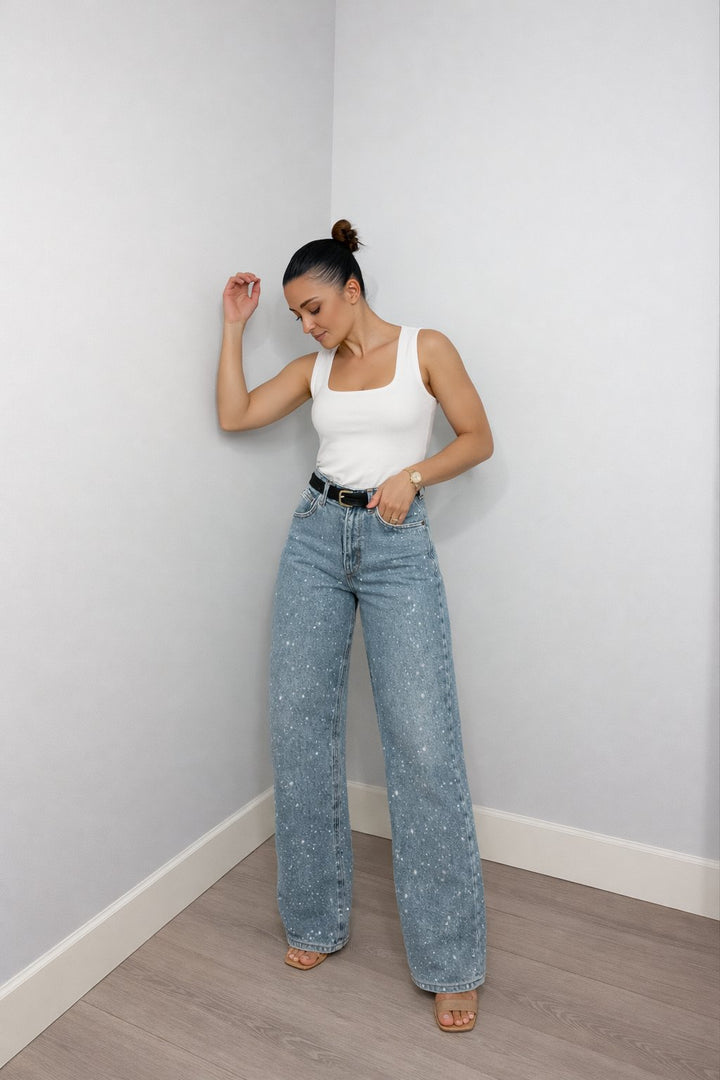 Dame High-Waist Straight-Leg Glitter Denim Jeans