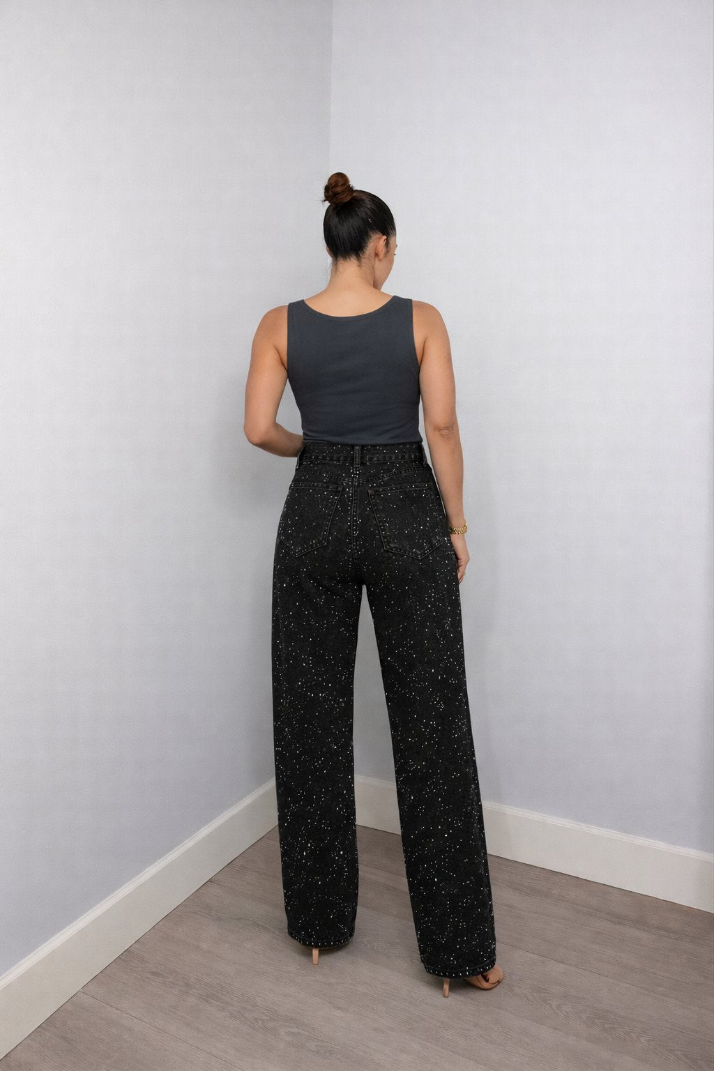 Dame High-Waist Straight-Leg Glitter Denim Jeans