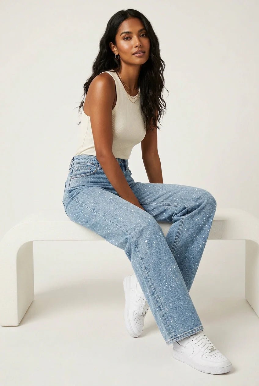 Dame High-Waist Straight-Leg Glitter Denim Jeans - Blau