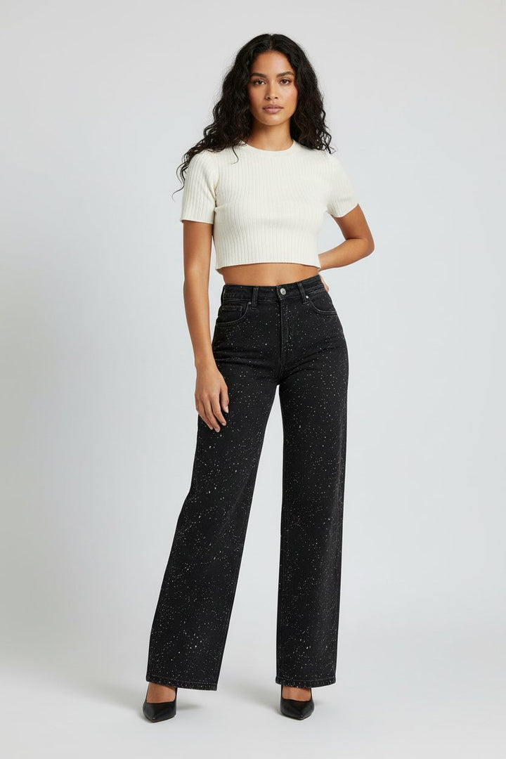 Dame High-Waist Straight-Leg Glitter Denim Jeans - Schwarz