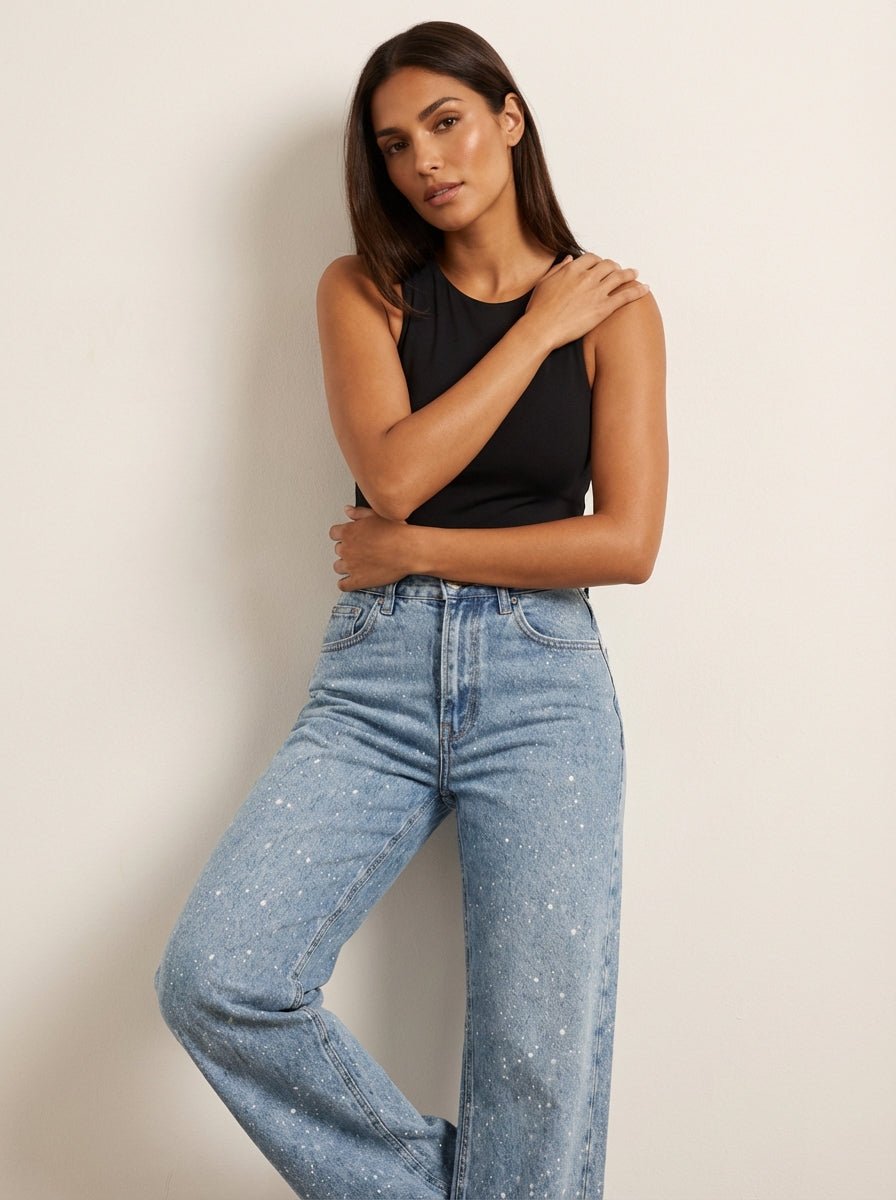 Dame High-Waist Straight-Leg Glitter Denim Jeans