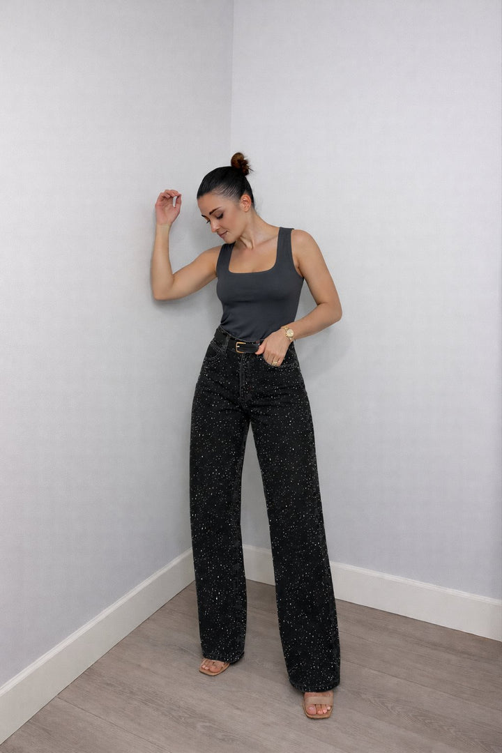 Dame High-Waist Straight-Leg Glitter Denim Jeans