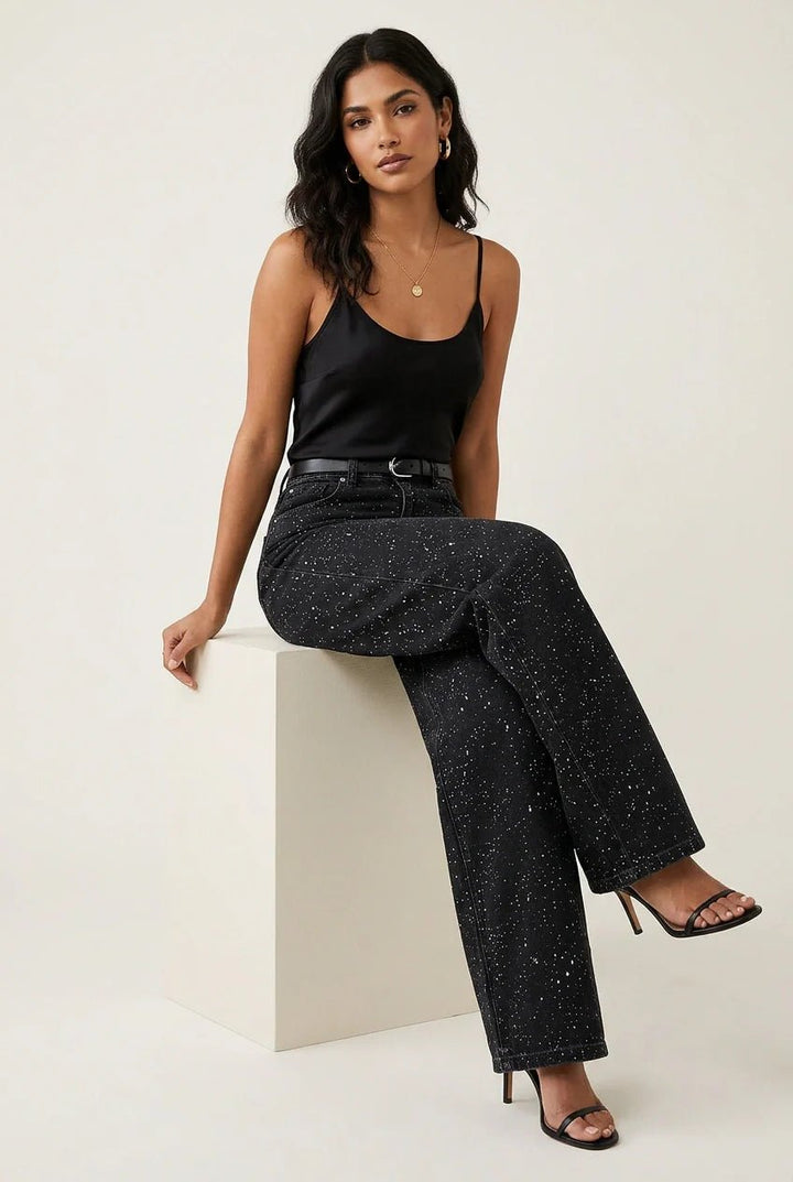 Dame High-Waist Straight-Leg Glitter Denim Jeans