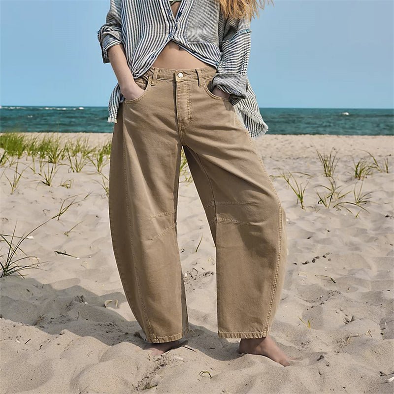 Dame Højtaljede Barrel-Leg Jeans Afslappet Pasform - Beige