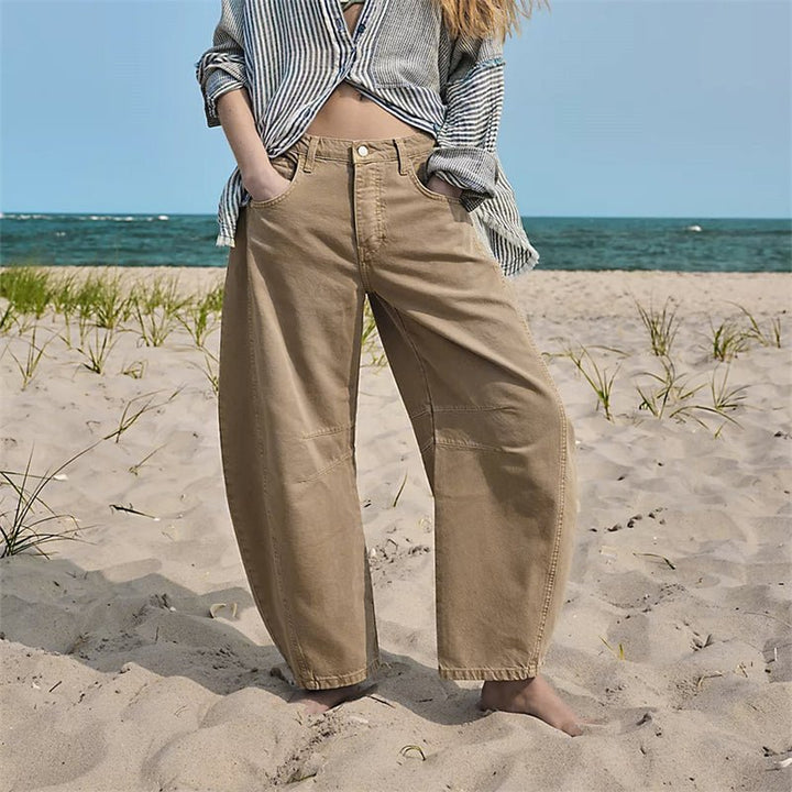 Dame Højtaljede Barrel-Leg Jeans Afslappet Pasform - Beige