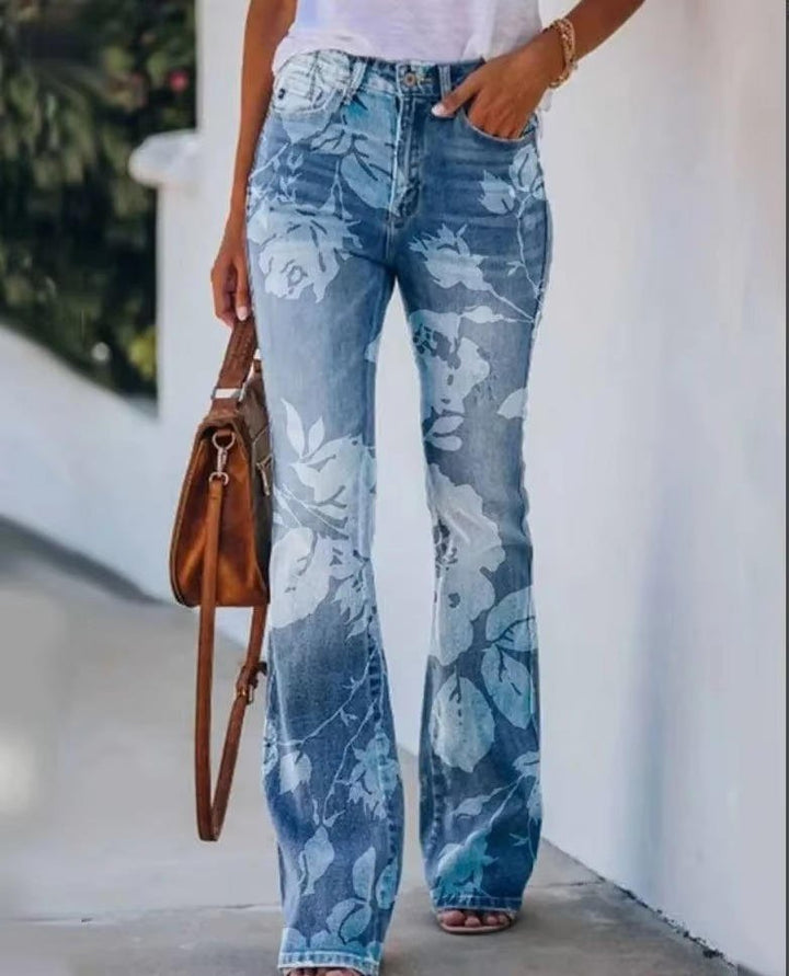 Dame Højtaljede Blomster Flare Jeans - Blue 5
