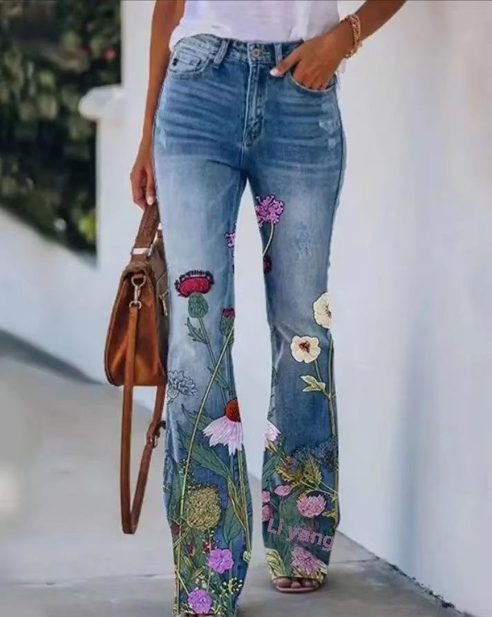Dame Højtaljede Blomster Flare Jeans - Blue 6
