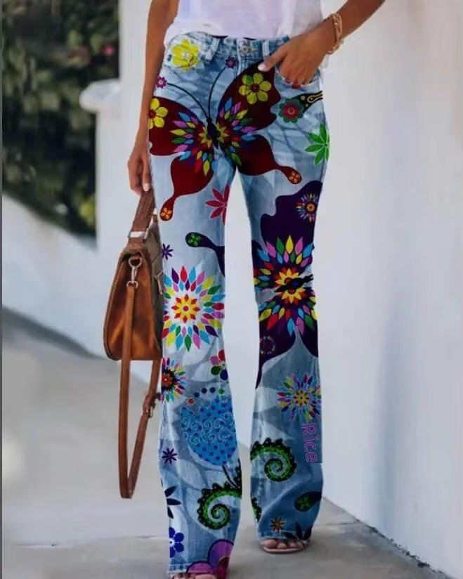 Dame Højtaljede Blomster Flare Jeans - Blue 8