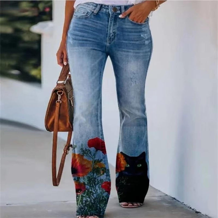 Dame Højtaljede Blomster Flare Jeans - Blue 9