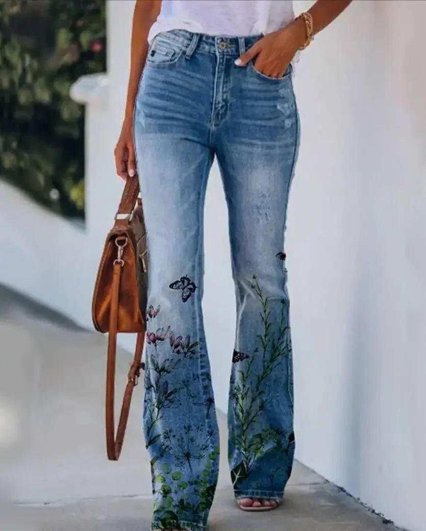 Dame Højtaljede Blomster Flare Jeans - Blue 1