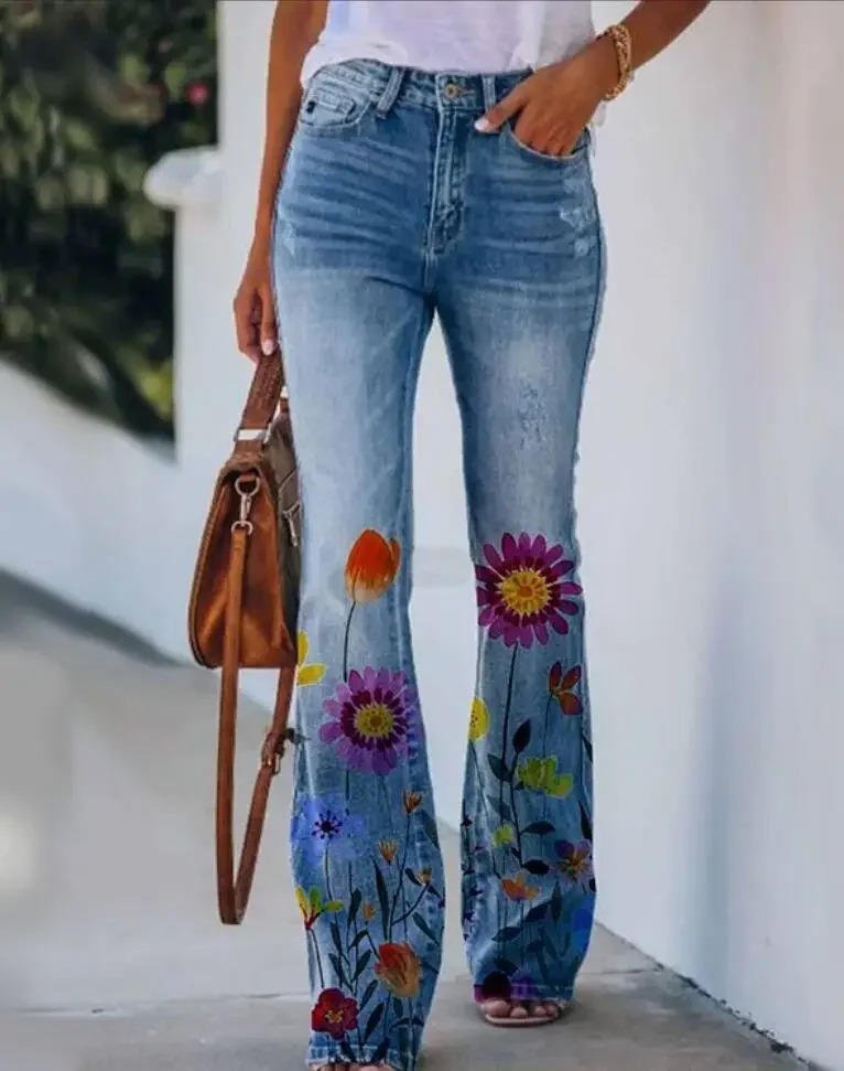 Dame Højtaljede Blomster Flare Jeans - Blue 2