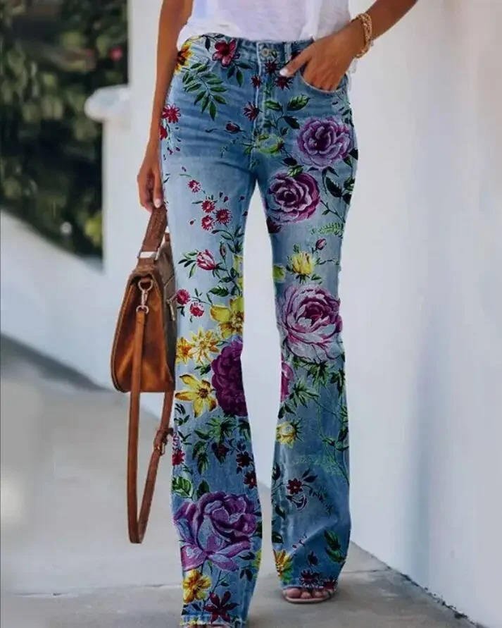 Dame Højtaljede Blomster Flare Jeans - Blue 3