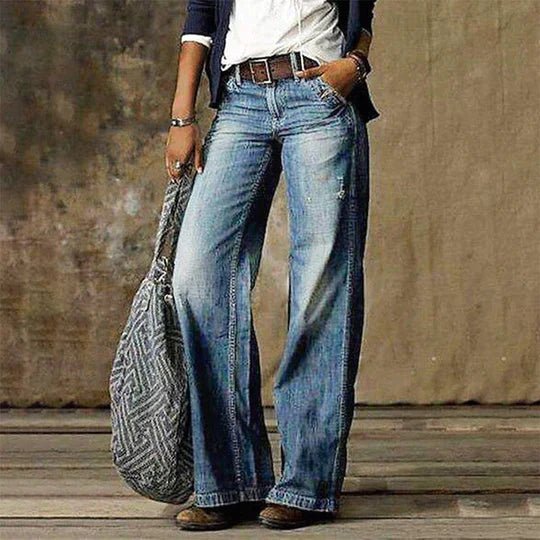 Dame Højtaljede Wide-Leg Retro Jeans Bomuld Elastan - Light blue