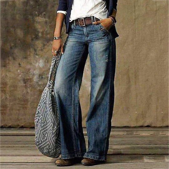 Dame Højtaljede Wide-Leg Retro Jeans Bomuld Elastan - Blue