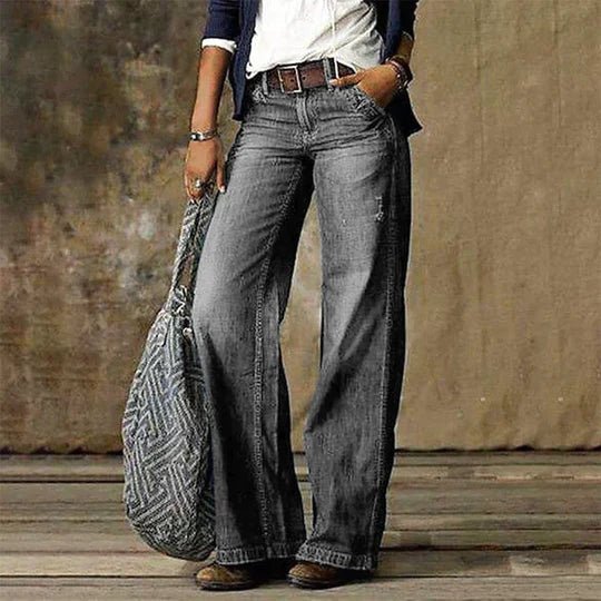 Dame Højtaljede Wide-Leg Retro Jeans Bomuld Elastan - Light gray