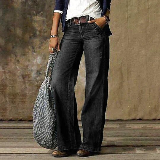 Dame Højtaljede Wide-Leg Retro Jeans Bomuld Elastan - Black