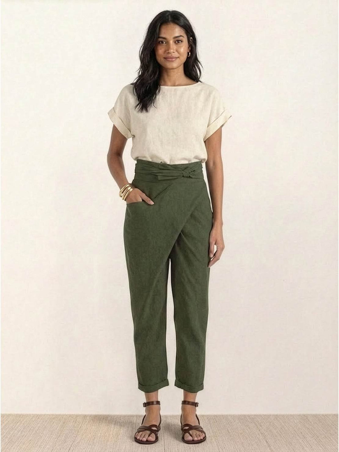 Dame Højtaljede Wrap-Front Afsmalnende Cropped Bukser