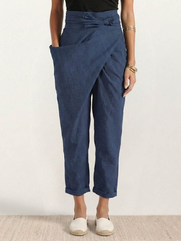 Dame Højtaljede Wrap-Front Afsmalnende Cropped Bukser - Navy Blue