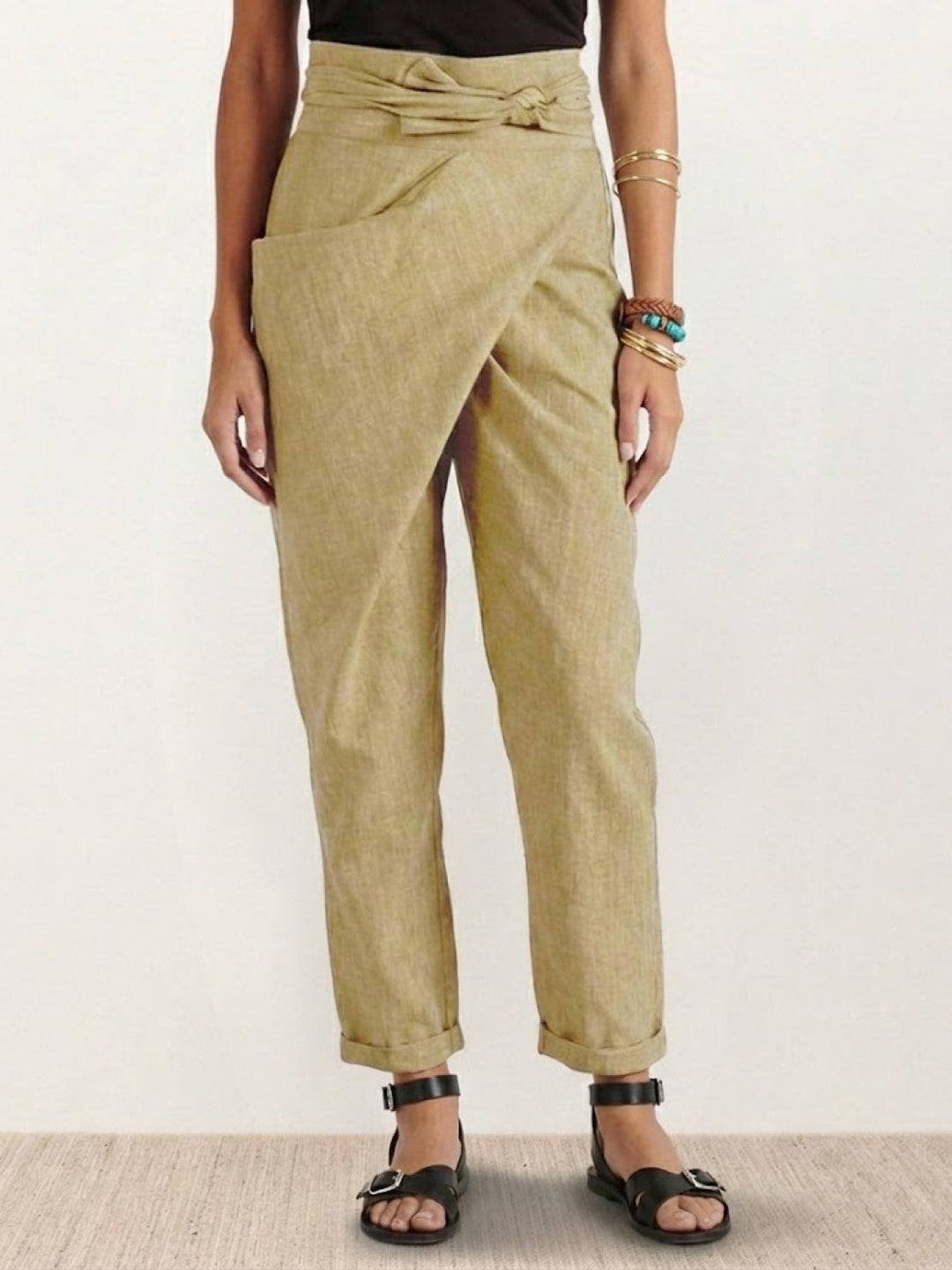 Dame Højtaljede Wrap-Front Afsmalnende Cropped Bukser - Khaki