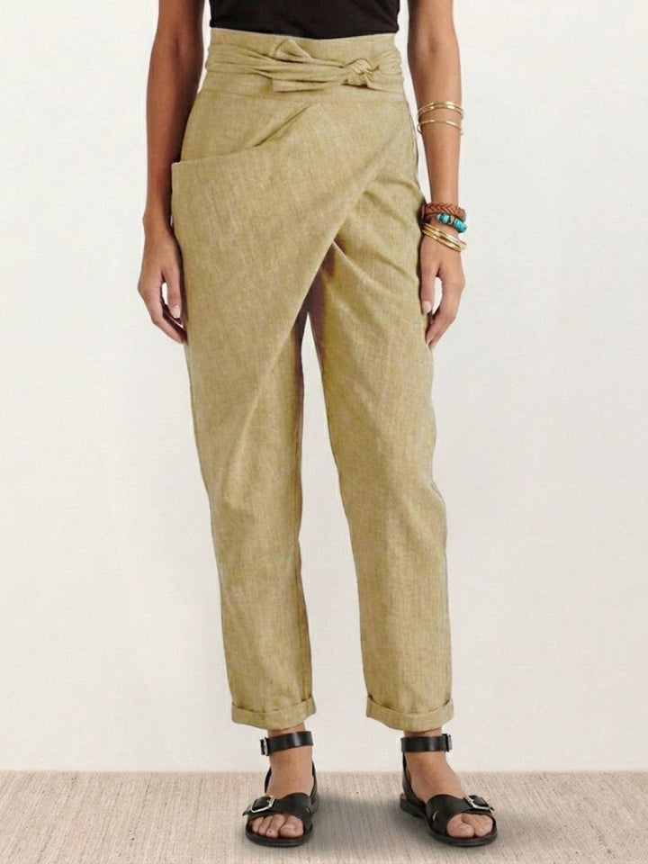 Dame Højtaljede Wrap-Front Afsmalnende Cropped Bukser - Khaki