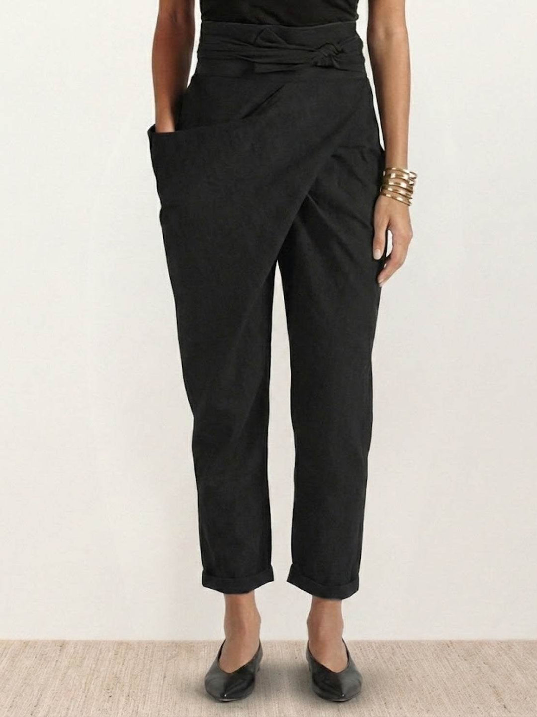 Dame Højtaljede Wrap-Front Afsmalnende Cropped Bukser - Black