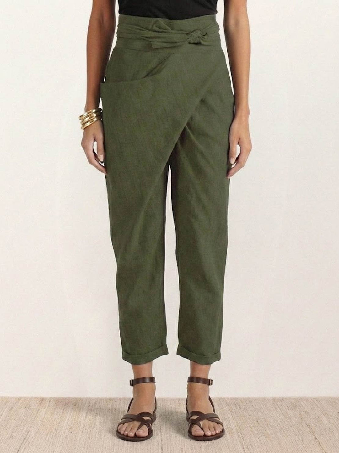 Dame Højtaljede Wrap-Front Afsmalnende Cropped Bukser - Army Green