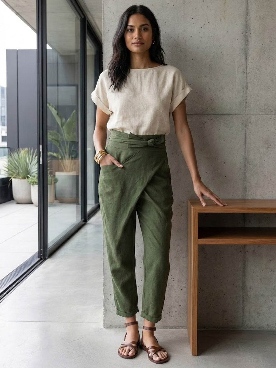 Dame Højtaljede Wrap-Front Afsmalnende Cropped Bukser