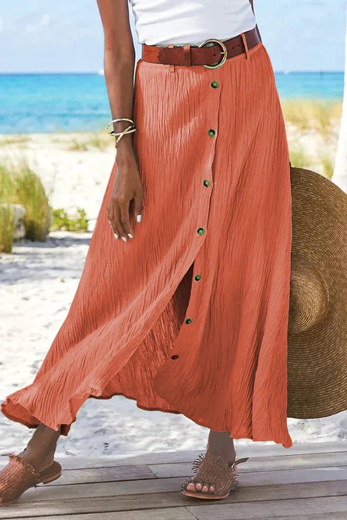 Dame Højtaljeret Knapfront Maxi Nederdel Linned-Look - Mandarin red