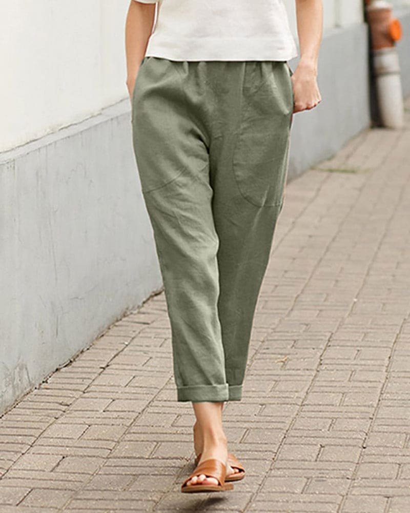 Dame Hør Bomulds Harem Bukser Afslappet Tapered - Green