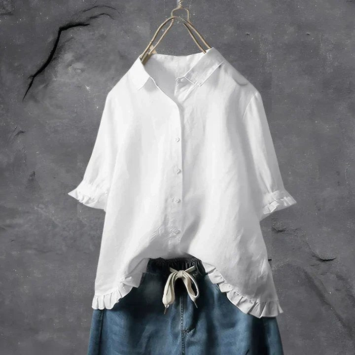 Dame Hør Rynke-Detalje Oversize Skjorte - White
