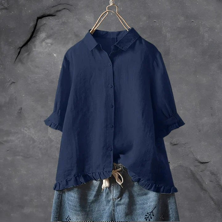 Dame Hør Rynke-Detalje Oversize Skjorte - Navy