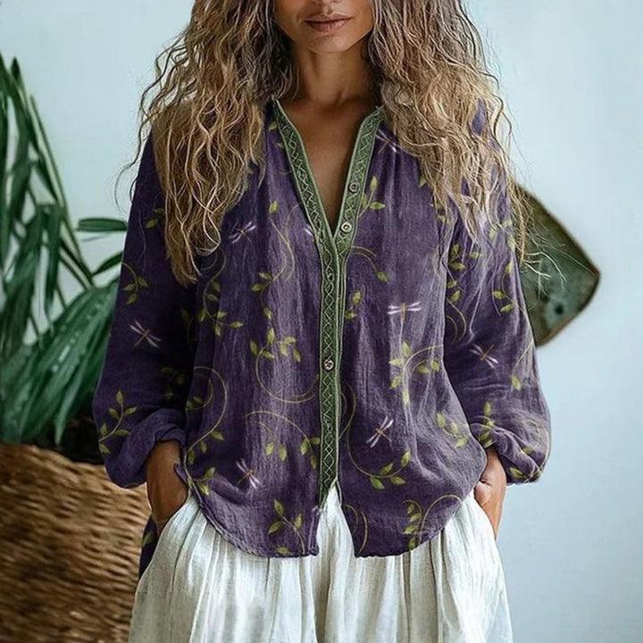 Dame Hørbluse Langærmet V-hals Blomsterprint Knaplukning - Purple