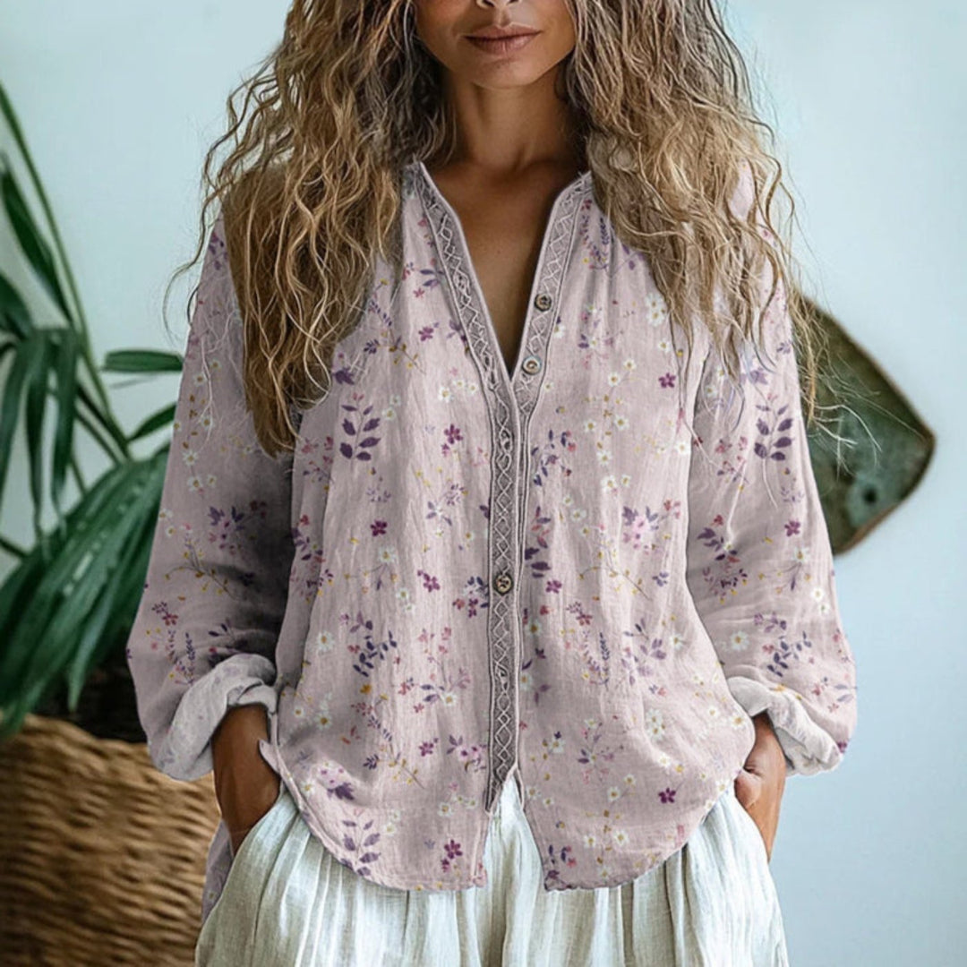 Dame Hørbluse Langærmet V-hals Blomsterprint Knaplukning - Light Pink