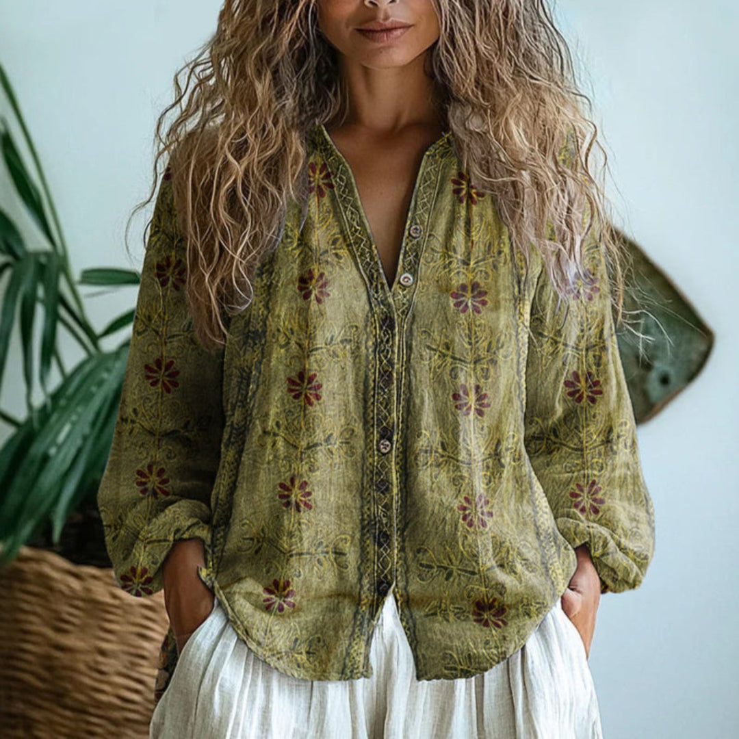 Dame Hørbluse Langærmet V-hals Blomsterprint Knaplukning - Light Olive Green
