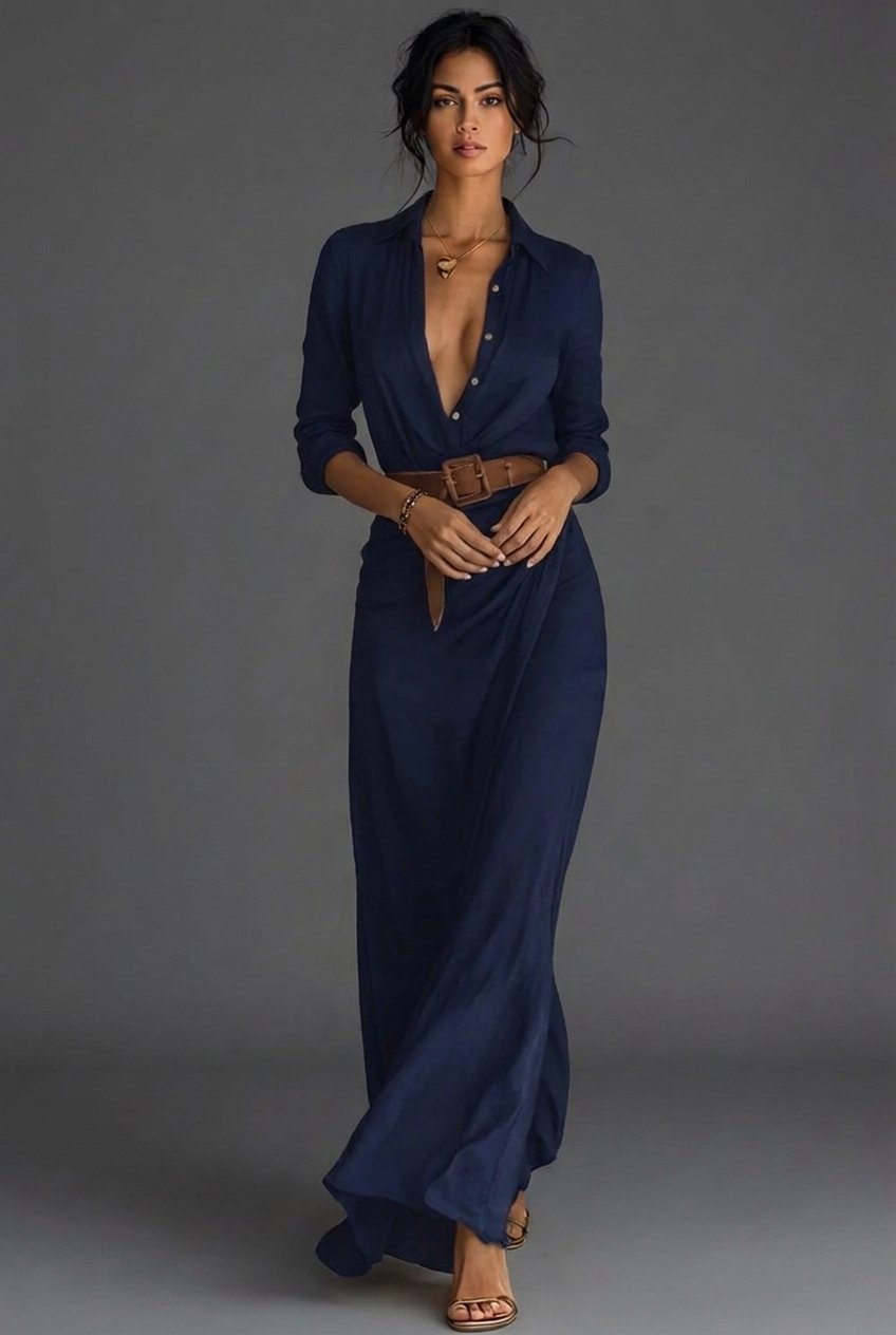 Dame Hørish Wrap Langermet Maxikjole - Navy Blue