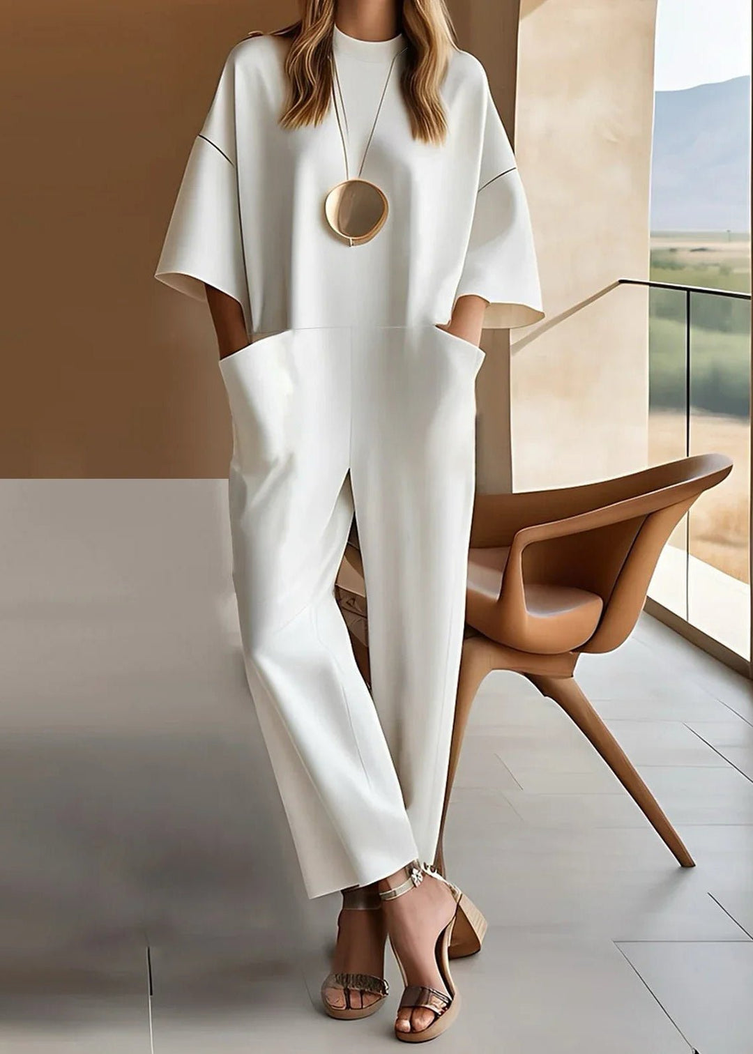 Dame Hvid Kortærmet Wide-Leg Jumpsuit Crew Neck - White